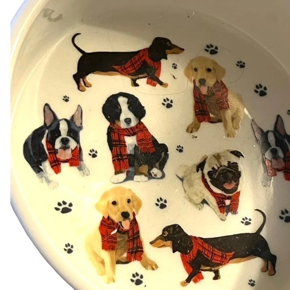 DESIGNER Christmas porcelain dog bowl plaid outside, dogs in scarves inside.
